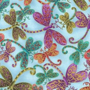 Dragonfly Magic on Lt Blue Met Gold Cotton Quilt Fabric