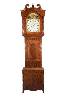 Antique English Mahogany Long Case Grandfather Clock Painted Dial