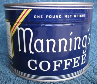 Mannings Coffee Can 1 Pound Empty Never Opened Still SEALED w Key