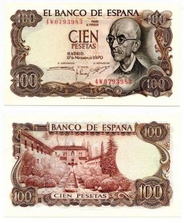 1970 Madrid Spain 100 Pesetas Banknote Manuel de Falla P152 Crisp Unc