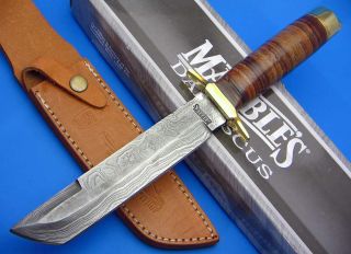 Marbles Tanto Damascus Steel Fixed Blade Stacked Leather Handle Knife