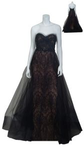 Marchesa Couture Black Lace Fitted Ruched Tulle Beaded Evening Gown