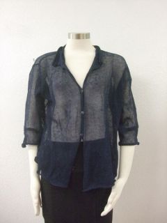 NWT Margaret Oleary $187 Navy blue Knit Eyelet Button front shirt Top