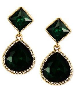 Anne Klein Earrings, Gold Tone Green Glass Drop Earrings