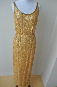  Vintage 60s Gold Metallic Sequin Beaded Dress Gown S