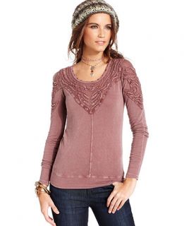 Free People Top, Long Sleeve Scoop Neck Studded Embroidered   Womens