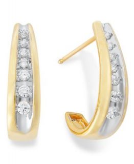 Diamond Earrings, 14k Gold Channel Set Diamond J Hoop Earrings (1/4 ct