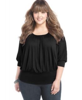 Soprano Plus Size Top, Three Quarter Sleeve Gathered Banded Hem