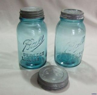 Pair of Early 1900s Quart Ball Blue Fruit Jars with Zinc Lids Drop A