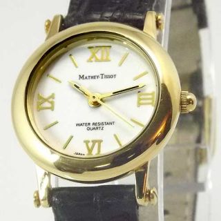 Mathey Tissot Womens Roman Numeral Gold Tone Black Strap Watch