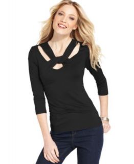 Cable & Gauge Top, Three Quarter Sleeve Twist Front   Womens Tops