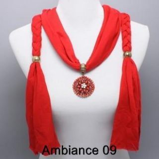 Crystal Flower Charm Red Fabric Scarf Necklace Costume Jewelry