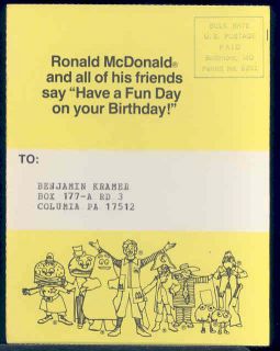 Ronald McDonald, Happy Birthday Postcard, McDonalds, Columbia