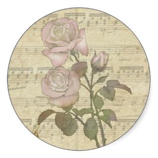 Vintage Romantic pink rose and music score Round Sticker