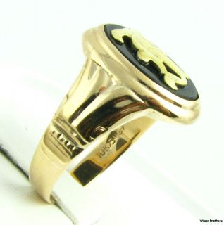Mens Genuine Black Onyx Initial F Ring   10k Solid Yellow Gold