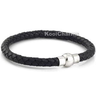 Mens Black Rope Woven Leather Stainless Steel Bracelet Wristband LB191