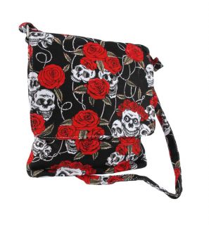 Skulls and Roses Print Nylon Crossbody Messenger Bag Adjustable