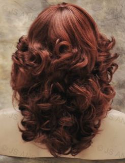 Striking Modern Retro Farrah Hairdo Copper Red Wavy Curly w Bangs 130