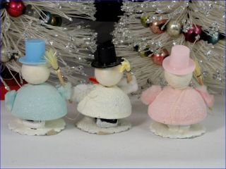 Trio Vintage Roly Poly Mica Frosted Snowmen Christmas Ornaments Pink