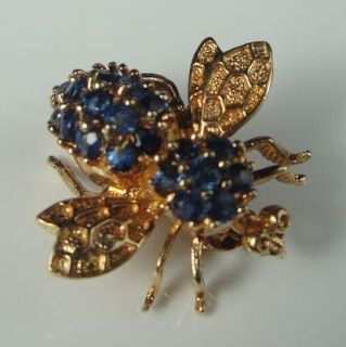 Vintage 14k Yellow Gold Blue Sapphire Bumble Bee Bug Insect Pin Brooch