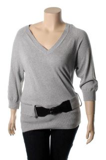 Michael Kors New Gray Ribbed 3 4 Sleeve V Neck Belted Pullover Sweater