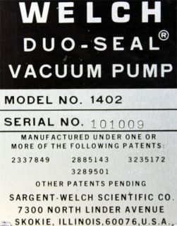 Welch 1402 Duoseal Belt Driven Rotary Vane Vacuum Pump