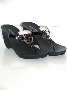 Michael Kors Warren Black Patent Leather T Strap Wedge Sandals 8 New