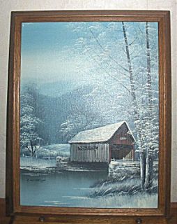 Scene Oil Painting Covered Bridge Trees River Artist Michaelson