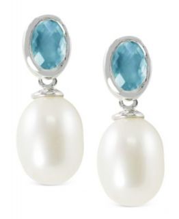 Sterling Silver Earrings, Cultured Freshwater Pearl and Faceted Blue