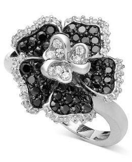 Diamond Ring, Sterling Silver Black and White Diamond Flower (1/2 ct