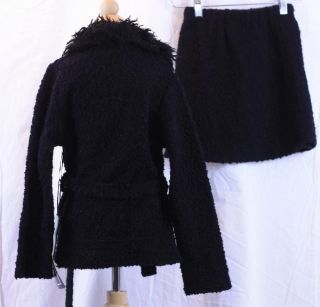 6X Rosetta Millington Black Boucle Duster Belted Wrap Sweater Mini Sk