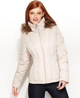 Calvin Klein Coat, Faux Fur Trim Hooded Quilted Puffer