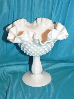 Glass Hobnail Pedastal Candy Dish Compote Ruffled Rim 6 Tall