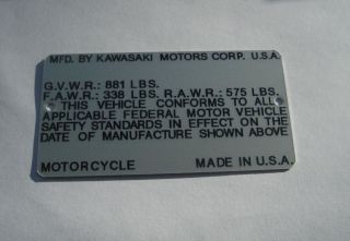 Kawasaki KZ900 KZ 900 Z1F USA Z1 Data Plate Alu ID Tag Frame