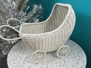Vintage 1950 60s White Wicker Baby Doll Buggy. All the wheels roll