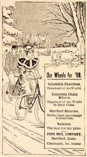 1898 Ad Columbia Chain Wheels Bicycle Hartford Vedette Winter Pope