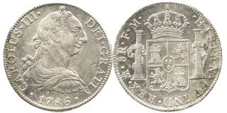 City, Mexico, bust 8 reales, Charles III, 1786FM. CT 939; KM 106.1a