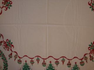 Charming Country Scenes Trees Bells Holly Vtg Christmas Tablecloth