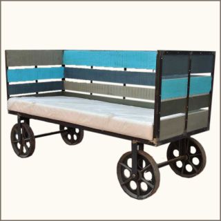 Reclaimed Wood Iron Industrial Bench on Roller Wheels on Cart NEW