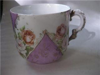 Pretty Antique Mustache Cup Pink Yellow Floral Roses Purple Panels