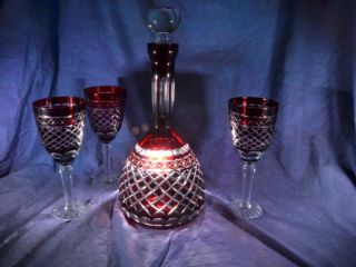 EAPG Lovely Stained Ruby Cut Glass Wine Decanter w Stopper 3 Stemmed