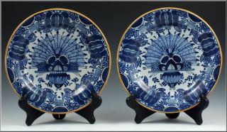 Beautiful Pair of 18thC Signed Delft Plates in War Bonnet Pattern