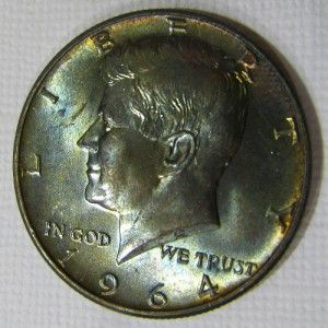 1964 KENNEDY 50c BLUE GREEN GOLD 2 SIDED TONED CH BU   MIKESARTIFACTS