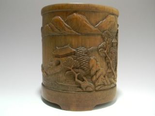 Great Chinese 19th C Bamboo Carved Scholars Table Item Brush Pot