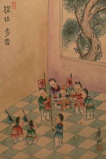 Aquarell China um 1900 Kinderkaiser mit Untertanen