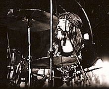 John Bonham, on stage in the US around 1975, whose aggressive drumming