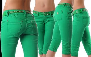 Neu Capri Damen Hose kurze Hosen Jeans Shorts 5 Farben bunt Gürtel 34
