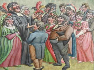 KURIOSE KARIKATUR VORNEHME GESELLSCHAFT GOUACHE MALEREI KÖNIG FAMILIE