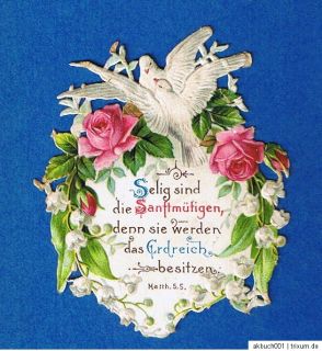 Uraltes Glanzbild / Oblate Rosen, Tauben, Bibelspruch 7 cm hoch