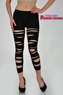 New Capri Slashed Sexy Cutted Ripped Black Fashion Leggings One size